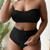 Plus Size Swimsuit Solid Color Tube Top High Waist Bikini Swimsuit