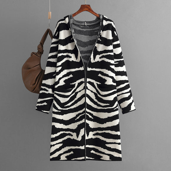 Knitted Coat for Women Autumn Winter V neck Hooded Long Sleeve Zebra Pattern Long Sweater Cardigan