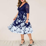 Plus Size Dress Printed V-neck Lace Stitching Banquet Party  Women Clothing Dress
