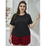 Plus Size Pajamas Women Summer Solid Color Plaid Drawstring Shorts Home Wear Suit