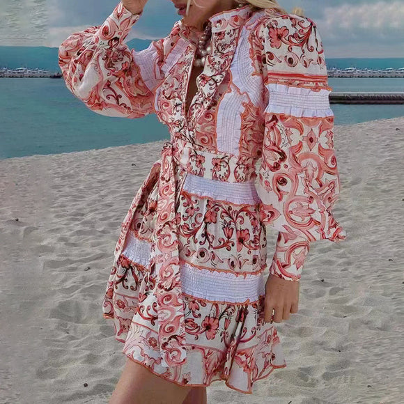 Spring Summer French Stand-up Collar  Lace Lace up Waist Controlled Slimming Lantern Sleeves Dress Stitching Short Dress