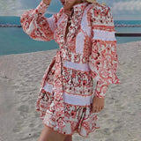 Spring Summer French Stand-up Collar  Lace Lace up Waist Controlled Slimming Lantern Sleeves Dress Stitching Short Dress