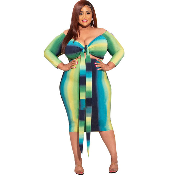 Plus Size Women Clothing Wrapped Chest Strap Sexy V-neck Striped  Dress