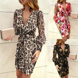 Long sleeve print dresssslimv neck skirt
