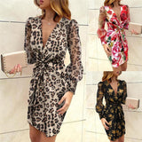 Long sleeve print dresssslimv neck skirt