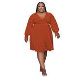 Plus Size Women Solid Color Cross V  neck Belt Loose Knitted Dress
