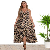 Plus Size Women Summer Sexy V neck Strap Leopard Print Dress