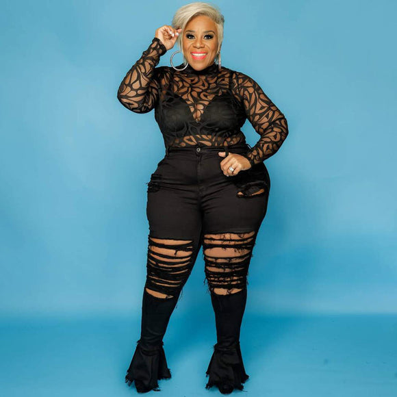 Hole Washing Horn Street Trend Tight Plus Size Women Jeans
