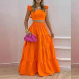 Summer Elegant Sexy Solid Color Mid Waist Sling Large Swing Two Piece Suit