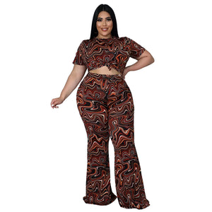 Plus Size Women Nightclub Uniforms Printed Short Sleeve Bell-Bottom Pants Two-Piece Set