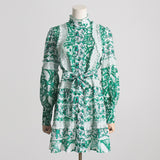 Spring Summer French Stand-up Collar  Lace Lace up Waist Controlled Slimming Lantern Sleeves Dress Stitching Short Dress
