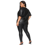 Plus Size Women Clothes Autumn Solid Color Leather Short Sleeve Slim Trousers Casual Suit