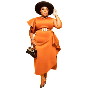 Plus Size Sexy  Women Clothing Solid Color One Shoulder Ruffle Stitching Party Nightclub Dress No Belted