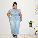 Plus Size Women  Clothing  Autumn New Denim Short Sleeve Wash Jumpsuit Trousers Sexy  New