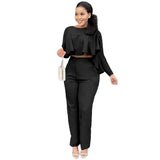 Women Clothing  Front Short Back Long Ruffled Zipper Pocket Straight-Leg Pants Two-Piece Set