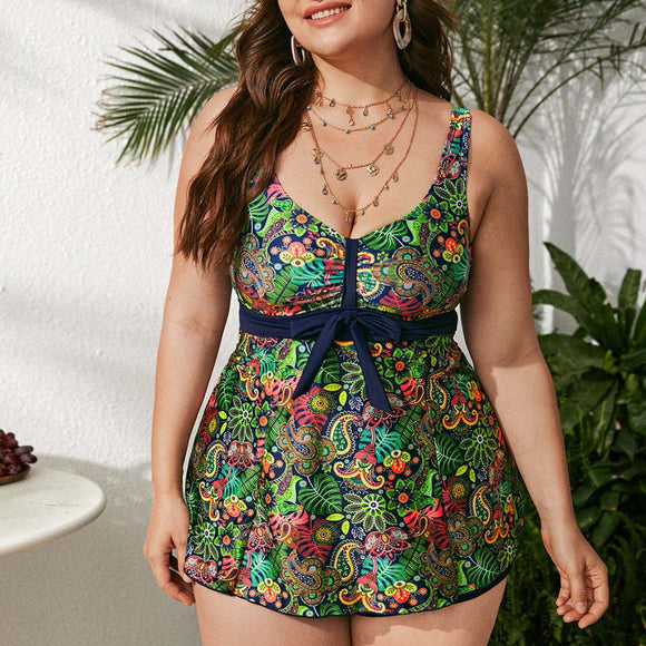 Plus Size Floral Split  Swimsuit Female Tied Swimsuit