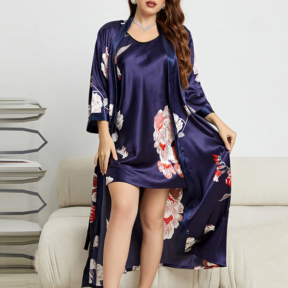 Plus Size Summer Imitated Silk Pajamas Sexy Lace Bathrobe Slip Nightdress Two Piece Women Ice Silk Nightgown