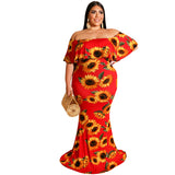Plus Size Women Clothes Summer Sunflowers Leaf Printed Sexy Tight Dress