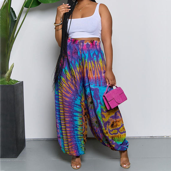 Spring Arrival Women Clothing Casual Printing Loose Tappered Tied High Waist Pants