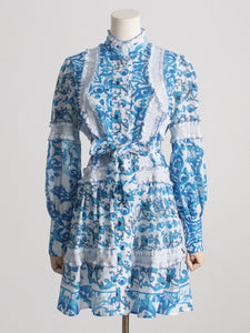 Spring Summer French Stand-up Collar  Lace Lace up Waist Controlled Slimming Lantern Sleeves Dress Stitching Short Dress