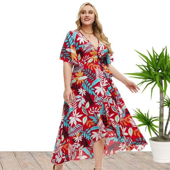 Plus Size Women Summer Short Sleeve Printed Wrap Dress