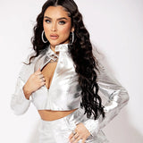Metallic Coated Fabric Women Clothing Fall Winter Faux Leather Metal Collar Zipper Jacket Women Leather Jacket Coat