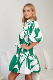 Shirt  Polo Collar Lantern Short Sleeve Belt Holiday Floral Print Dress