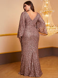 plus Size Ladies Cocktail Dress Sequined Long Sleeve V-neck Pleated Dress Hip Dress