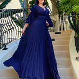 Women Clothing V neck Sexy Pleated Formal Swing Dress Maxi Dress
