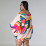Plus Size Sexy Loose Women Wear Off Shoulder Printed Batwing Sleeve Short Dress