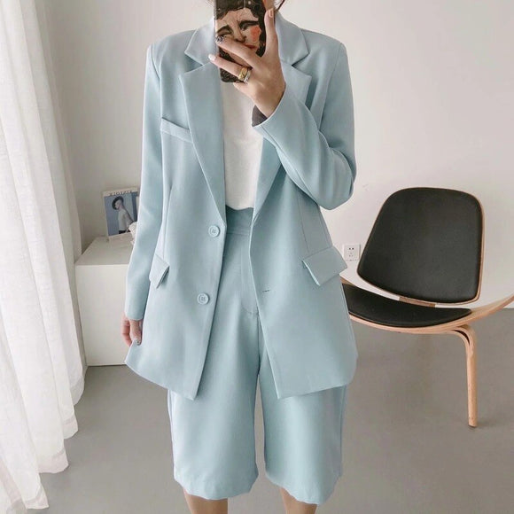 Summer Office Lady Blazer Suit Two Piece Set 2021 Women Single Breasted Casual Commute Blazer High Waist Wide Leg Shorts Suits|Pant Suits|