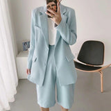 Summer Office Lady Blazer Suit Two Piece Set 2021 Women Single Breasted Casual Commute Blazer High Waist Wide Leg Shorts Suits|Pant Suits|