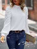 Women’s Solid Color In Mock Neck With Smocked Cuff Ruched Long Sleeve Blouse
