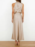 Women's Solid Color Halter Neck Satin Midi Dress
