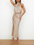 Women's Solid Color Halter Neck Satin Midi Dress