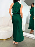 Women's Solid Color Halter Neck Satin Midi Dress
