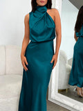 Women's Solid Color Halter Neck Satin Midi Dress