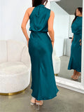 Women's Solid Color Halter Neck Satin Midi Dress