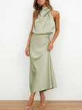 Women's Solid Color Halter Neck Satin Midi Dress