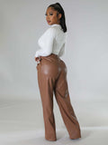 PU women's loose wide-leg pocket casual leather pants