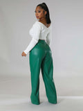 PU women's loose wide-leg pocket casual leather pants
